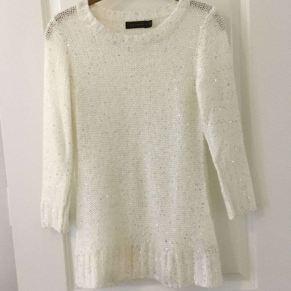 The Limited Cream Winter White Knit Sequined Sweater Sz S